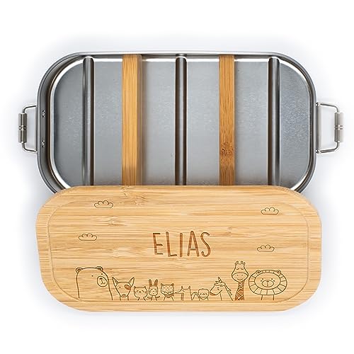 Kidsmood personalisierte Brotdose | Individuelle Edelstahl Lunchbox mit Bambusdeckel | Geschenk für Kinder mit Tier-Motiv und Wunschnamen [1100 ml.]
