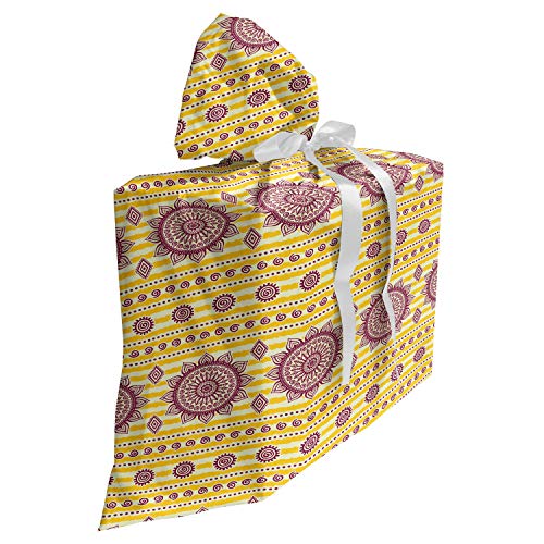 ABAKUHAUS Ethnisch Baby Shower Geschänksverpackung aus Stoff, Abstrakte Sun-Form Ornament, 3x Bändern Wiederbenutzbar, 70 x 80 cm, Maroon Gelb und Creme