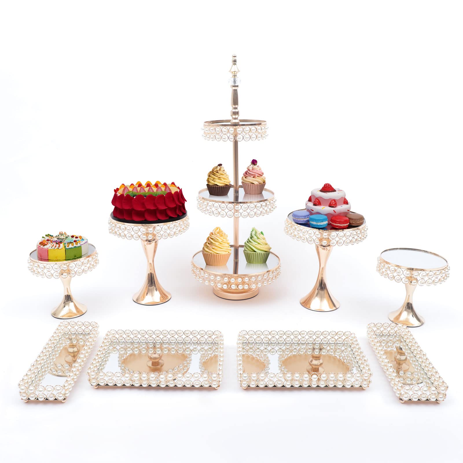 RANZIX Kuchen Steht Set luxuriös Metall Tortenständer Dessert-Tablett Dessert Display Platte für Geburtstag Party Hochzeitstorte Ständer, aus hochwertiges Eisen und Kristall (9PCS, Gold)