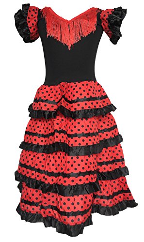 La Senorita ® Spanische Flamenco Kleid / Kostüm - für Mädchen / Kinder - Schwarz / Rot (Größe 92-98 - Länge 65 cm- 4-5 Jahr, Mehrfarbig)
