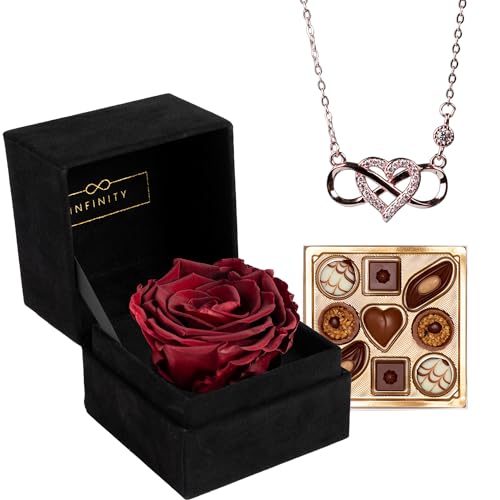 Infinity - Geschenk Set mit 1 Ewigen Rose und 925er Infinity Kette in Roségold - (3 Jahre haltbare Rose mit 925er Silber Kette) - Als Geschenk verpackt