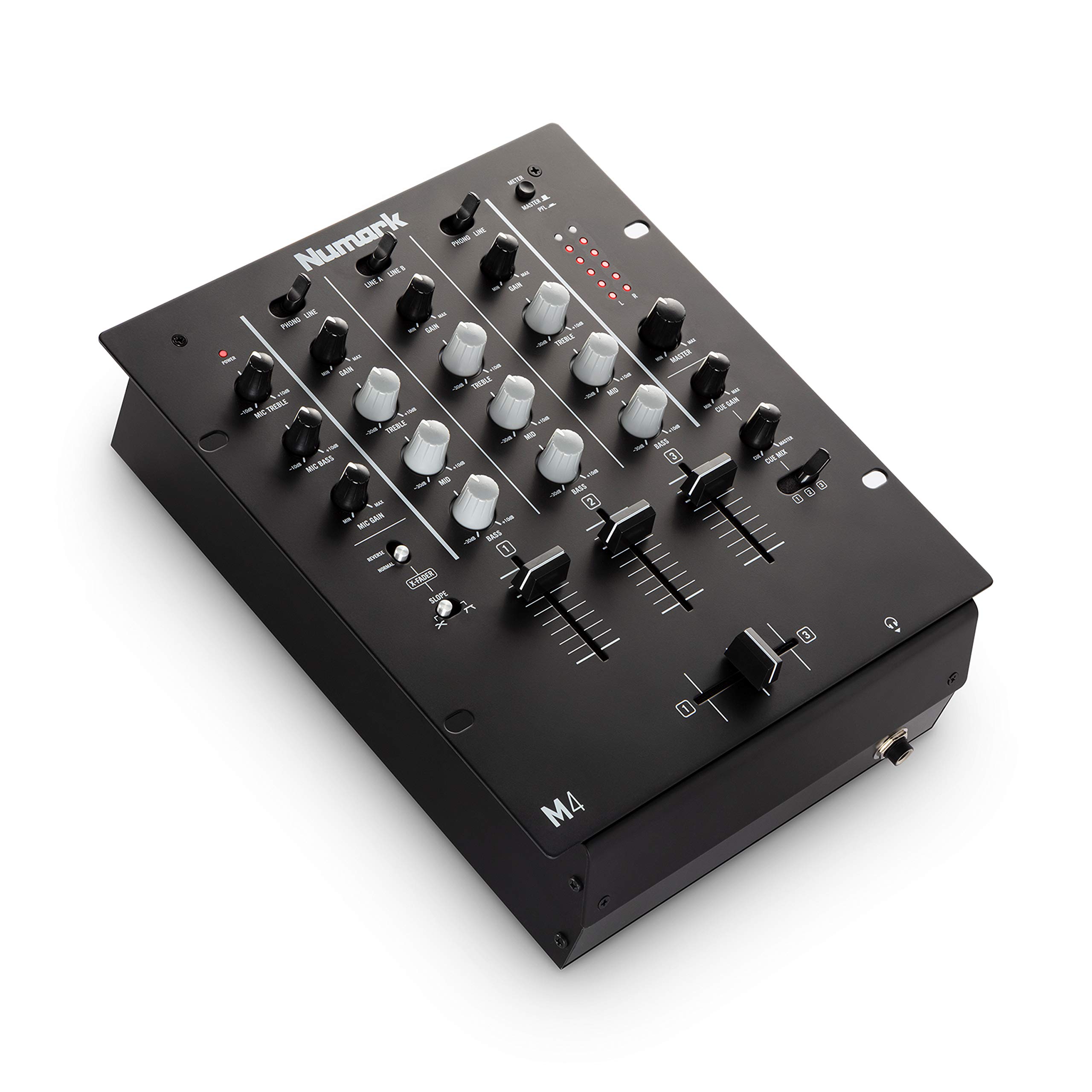 Numark M4 - 3-Kanal Scratch DJ Mixer, Rack-montierbar mit 3-Band EQ, Mikrofoneingang und austauschbarem Crossfader mit Reverse und Slope-Kontrollen