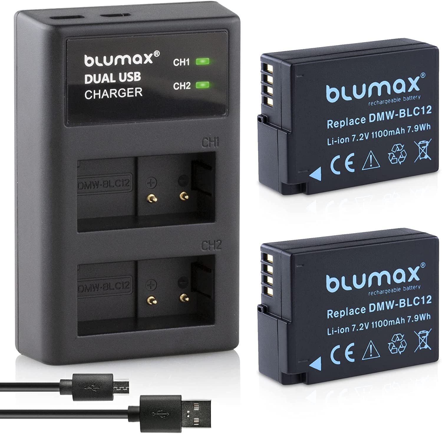 Blumax 2X Akku ersetzt Panasonic DMW-BLC12 / DMW-BLC12-E 1100mAh + USB Dual-Ladegerät USB | kompatibel mit Lumix DMC: G5 | G6 | GX8 | G70 | G81 | GH2