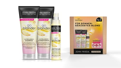 John Frieda Go Blonder Vorteils-Set für blondes Haar - Shampoo, Conditioner, Aufhellungsspray & gratis MegRhythm Augenmaske - Hellt stufenweise auf - Auch für farbbehandeltes Haar, 600 ml