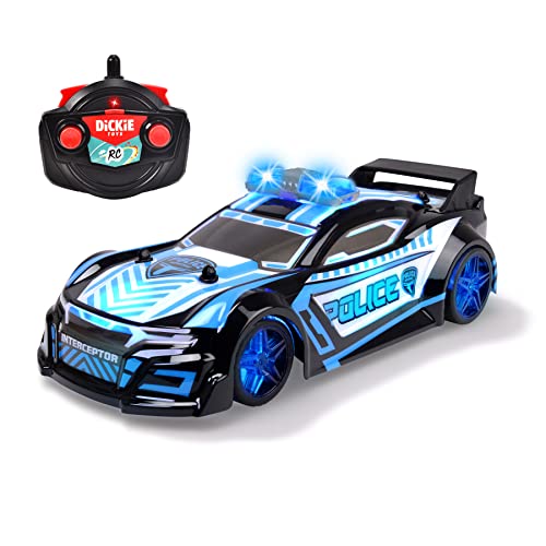 Dickie Toys - RC Police Interceptor - mit Funk-Fernsteuerung (2,4 GHz; 9 km/h) für Kinder ab 6 Jahren, ferngesteuertes Polizeiauto (22 cm) mit spektakulärer Licht- & Sound-Anlage inkl. Batterien