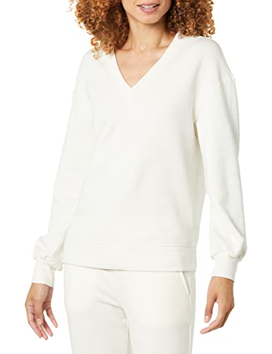 Amazon Aware Damen Lockeres Fleece-Sweatshirt mit V-Ausschnitt, Elfenbein, 5XL Große Größen