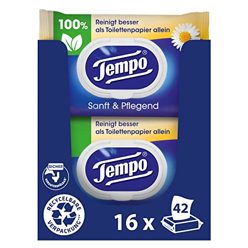 Tempo Feuchte Toilettentücher "Sanft & Pflegend" - Megapack - 16 Packungen mit je 42 Tüchern - mit natürlicher Kamille - feuchtes Toilettenpapier, dermatologisch getestet und pH-hautneutral