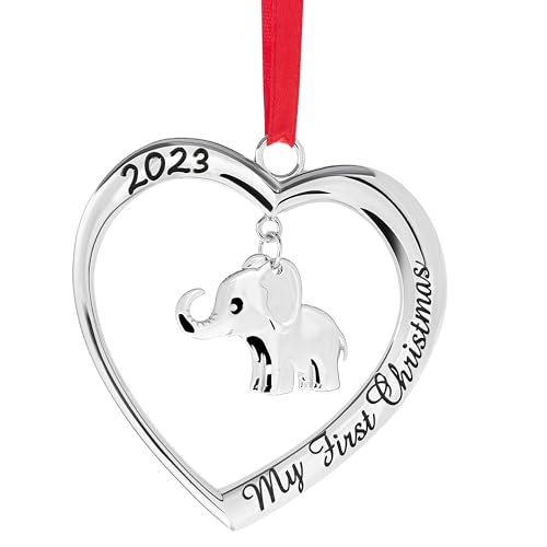 Klikel Baby's First Christmas Ornament 2023 – My First Christmas Ornament 2023 Silver Heart with Hanging Elephant – 1st Christmas Baby Ornament 2023 – Babies First Christmas Ornament Boy Girl Gift