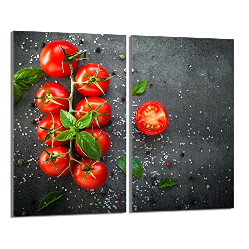 Herdabdeckplatten 2 Teilig 2x30x52 cm Ceranfeldabdeckung Küche Elektroherd Induktion Herdschutz Spritzschutz Glasplatte Schneidebrett, Schiefer Tomaten