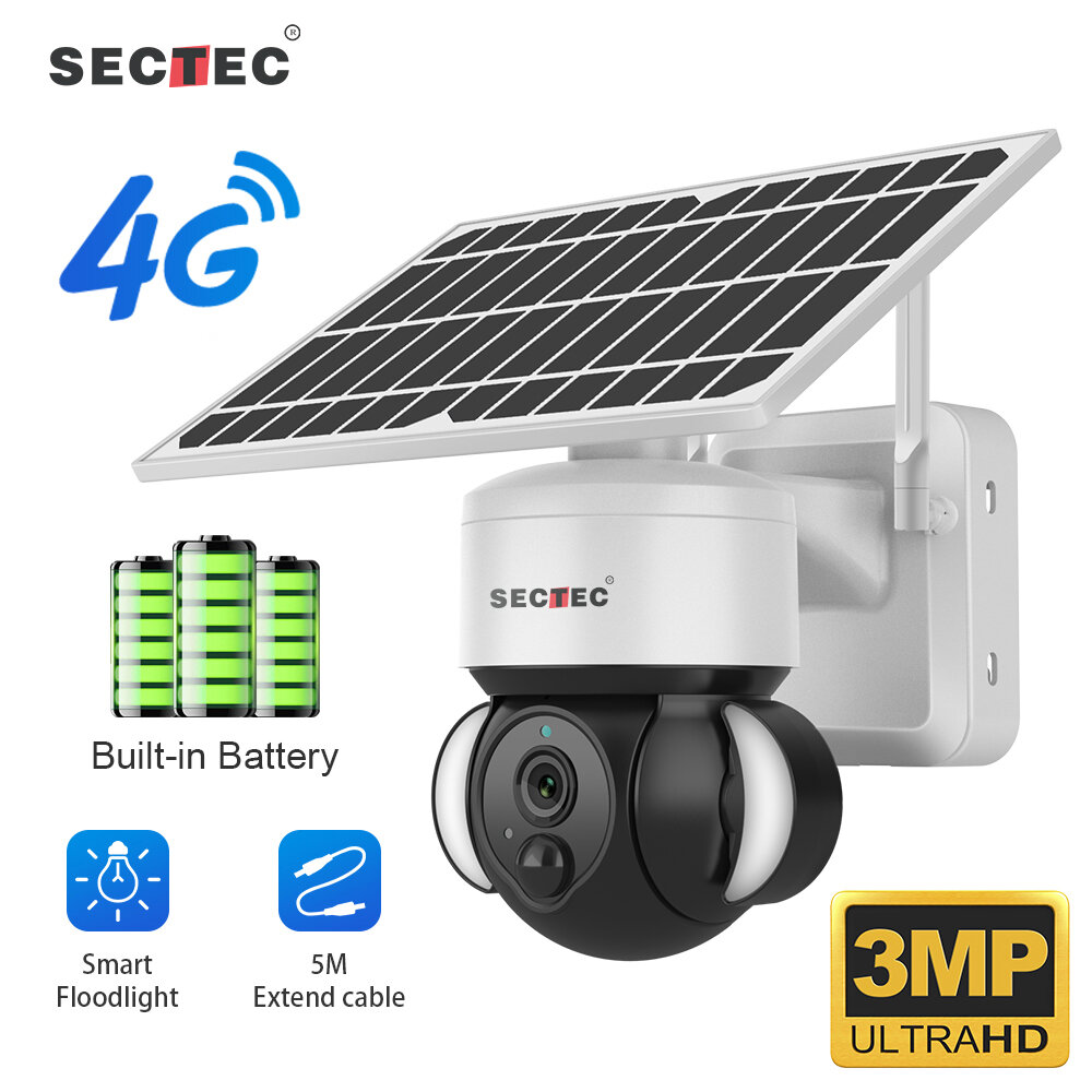 SECTEC 4G Solar-Flutlichtkamera 3 MP HD Überwachungskamera Bewegungserkennung Farbnachtsicht Zwei-Wege-Audio IP66 Wasser