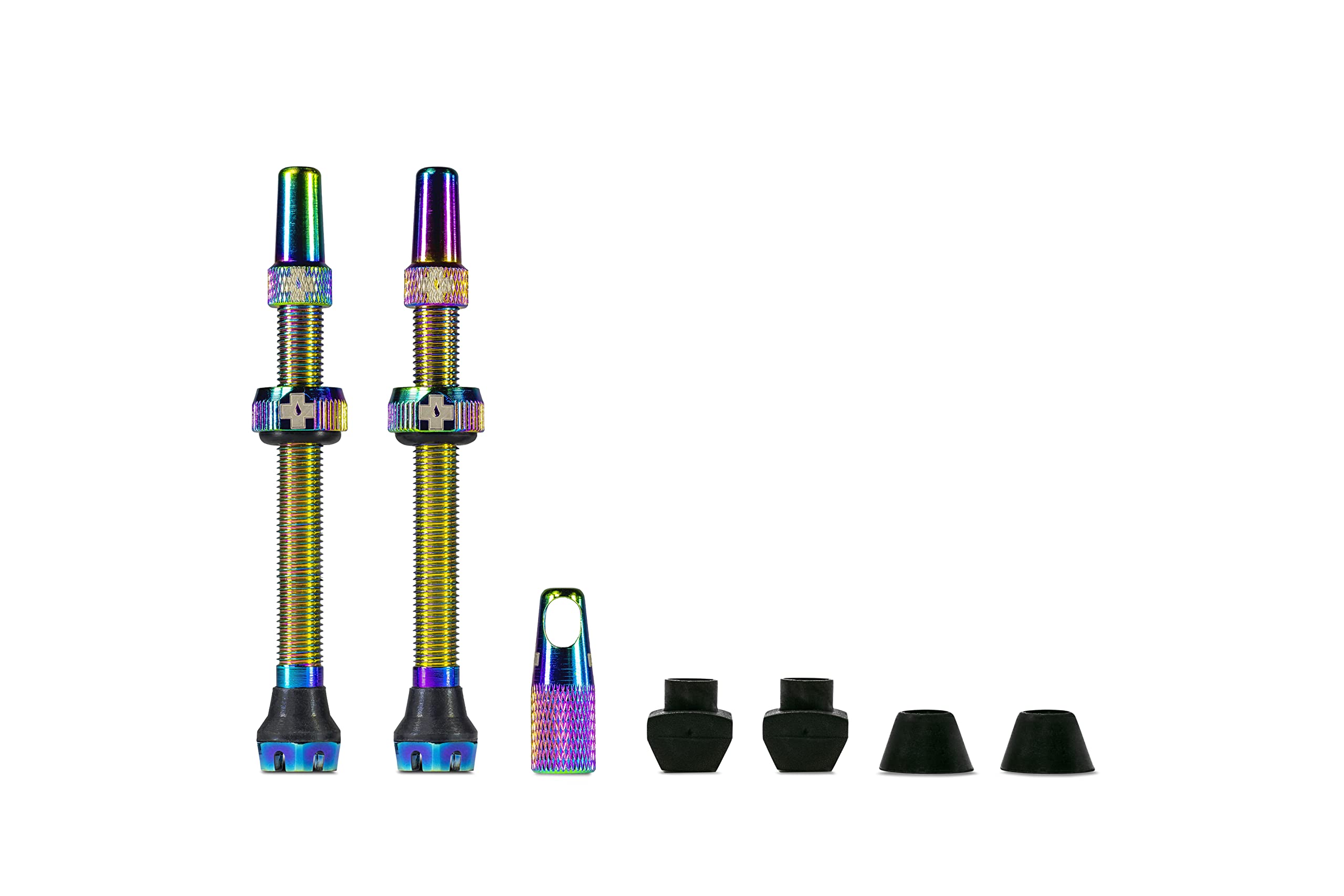 Muc-Off Regenbogenfarbige Presta Tubeless Ventile, 60 mm - Hochwertige Anti-Leck Fahrradventile mit integriertem Werkzeug zum Entfernen des Ventilkerns