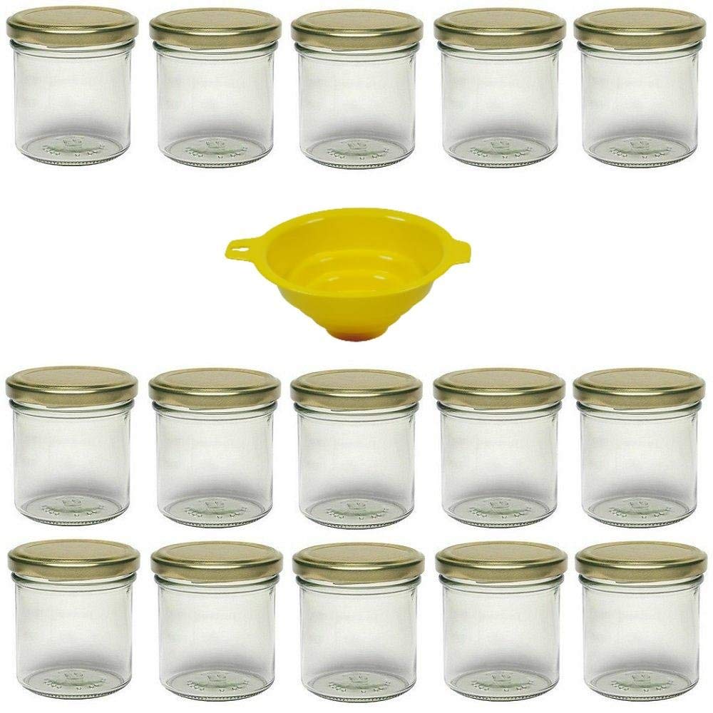 Viva Haushaltswaren - 15 x Marmeladenglas 167 ml mit goldfarbenem Verschluss, runde Sturzgläser als Einmachgläser, Gewürzgläser, Glasdosen etc. verwendbar (inkl. Trichter)
