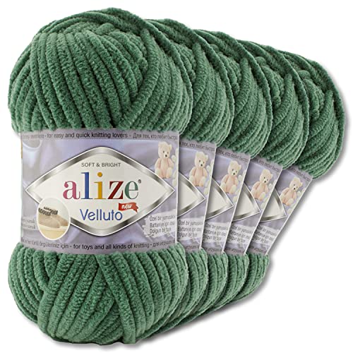 Wohnkult Alize 5x100 g Velluto Premium Wolle 30 Auswahl Chenillegarn Samtwolle Amigurumi Decken Accessore Kleidung DIY (532 | Kieferngrün)