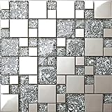 1qm Glas mit folien effekt und Edelstahl Mosaik Fliesen Matte in Schwarz und Silber (MT0132 m2)