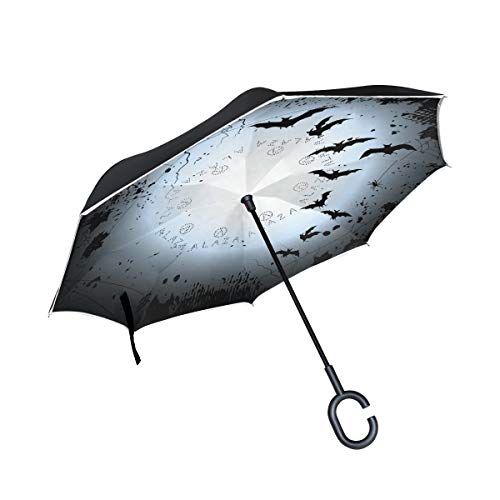 ISAOA Doppelschichtiger umgekehrter Regenschirm,Auto-Regenschirm,Halloween-Hintergrund mit Vollmond und Fledermäusen,Winddicht,Regen umgekehrter Regenschirm mit UV-Schutz