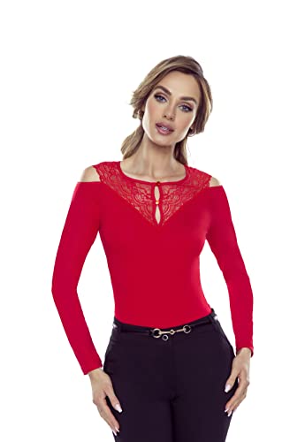 Selente #Fashionista Damen Spitzentop/Bluse (Made in EU), Langarmbluse Spitze Rot, Gr. S
