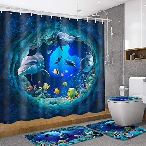 dDanke, Badezimmergarnitur mit Ozean-/Delfin-Motiv (beinhaltet Stoff-Duschvorhang 150 x 180 cm, 10 Haken, Badematte, WC-Deckelbezug, WC-Vorleger)