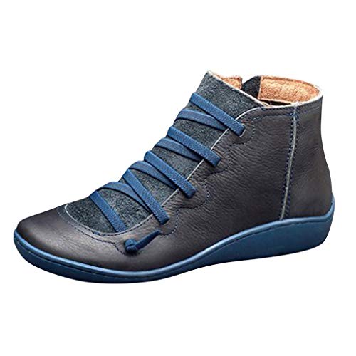 Yowablo Damen Kurzschaft Stiefel Lässige Flache Retro-Schnürstiefel aus Leder mit seitlichem Reißverschluss und runder Schuhspitze (43 EU,4- Blau)