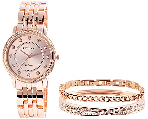 Excellanc Geschenkset-Damen Uhr Gliederarmband Armreif Armband Strass 1800218 (roségoldfarbig)