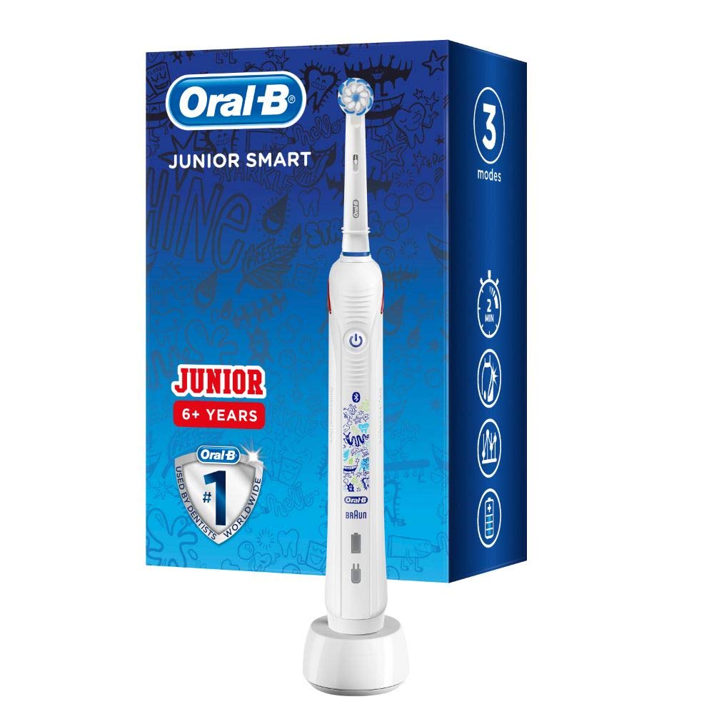 Oral-B Junior Smart Elektrische Zahnbürste/Electric Toothbrush für Kinder ab 6 Jahren, 3 Putzmodi & Bluetooth-App für Zahnpflege, Designed by Braun, weiß