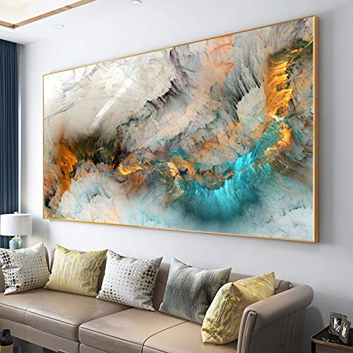 HSFFBHFBH Light Gray Blue Yellow Cloud Abstract Canvas Painting Wall Art Print Poster For Living Home Room Decoration 80x170cm(32"x68") Inner Frame