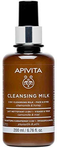 Apivita 3 in 1 milky cleanser for face and eyes, suitable for all skin types, cleanses impuriyies/make up & tones with German Chamomile & Honey