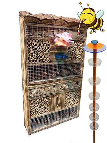 Insektenhaus Dunkelbraun Teak Look mit Schmetterlingshaus braun 1x Bienenhotel, Insektenhotel MIT BIENENTRÄNKE FDV-HO-Station-OS,XXL Bienenstock & Bienenfutterstation