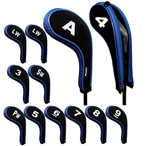 Andux Golfschläger Schlägerhauben Zahlendruck Langer Hals Reißverschluss 12 Stück/Set Schwarz/Blau