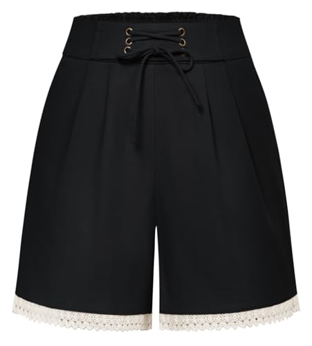 Damen Kurze Hose Bermuda Shorts Vintage High Waist Weite Hose Spitze Shorts Sommer Schwarz L