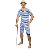 Amakando 20er Jahre Badeanzug Herren / Blau-Weiß in Größe XXL (60/62) / Männerbadeanzug mit Streifen / EIN Blickfang zu Fasching & Karneval