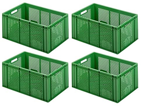 4 Eurobehälter/Gemüsesteigen, LxBxH 600x400x275 mm, Inhalt 54 Liter, grün, Boden und Seitenwände durchbrochen