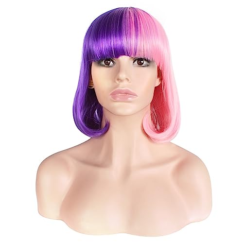 Damen-Perücke mit kurzen Haaren, Cosplay, Anime, doppelte Rechtschreibung, lila und rosa Farbe, weibliche Perücken Modedekoration