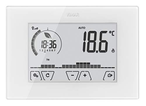 Vimar 02907 Touchscreen-WLAN-Thermostat für lokale oder erweiterte Regelung der Temperatur über dedizierte App aus der Ferne, Spannungsversorgung 230 V~ 50/60 Hz, LED-Hintergrundbeleuchtung