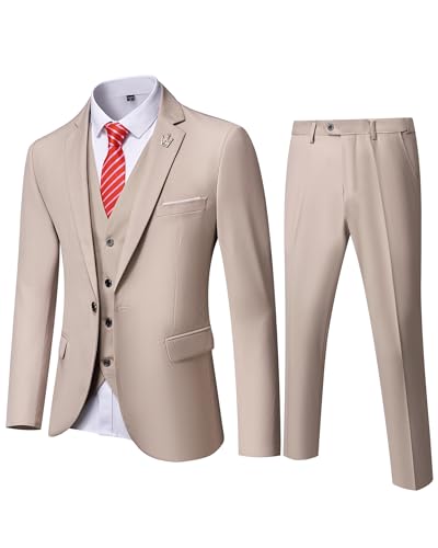 EastSide Herren Slim Fit 3-teiliger Anzug, Ein-Knopf-Blazer-Set, Jacke Weste & Hose, beige, M