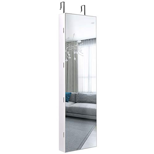 DREAMADE Schmuckschrank Spiegelschrank mit LED-Beleuchtung, LED Spiegelschrank Wandmontierend, Standregal mit Spiegel (Weiß)