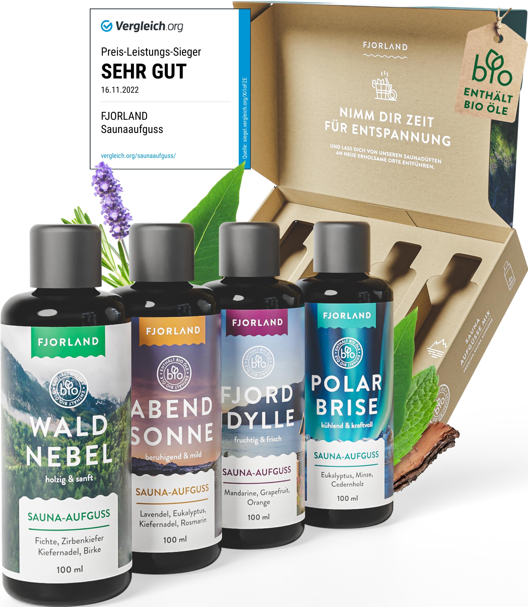 FJORLAND® Saunaaufguss Set [ECHTE BIO-ÖLE] - Saunaöl 4 x 100 ml Saunadüfte - Ätherische Saunaaufgüsse in hochwertiger Geschenkbox