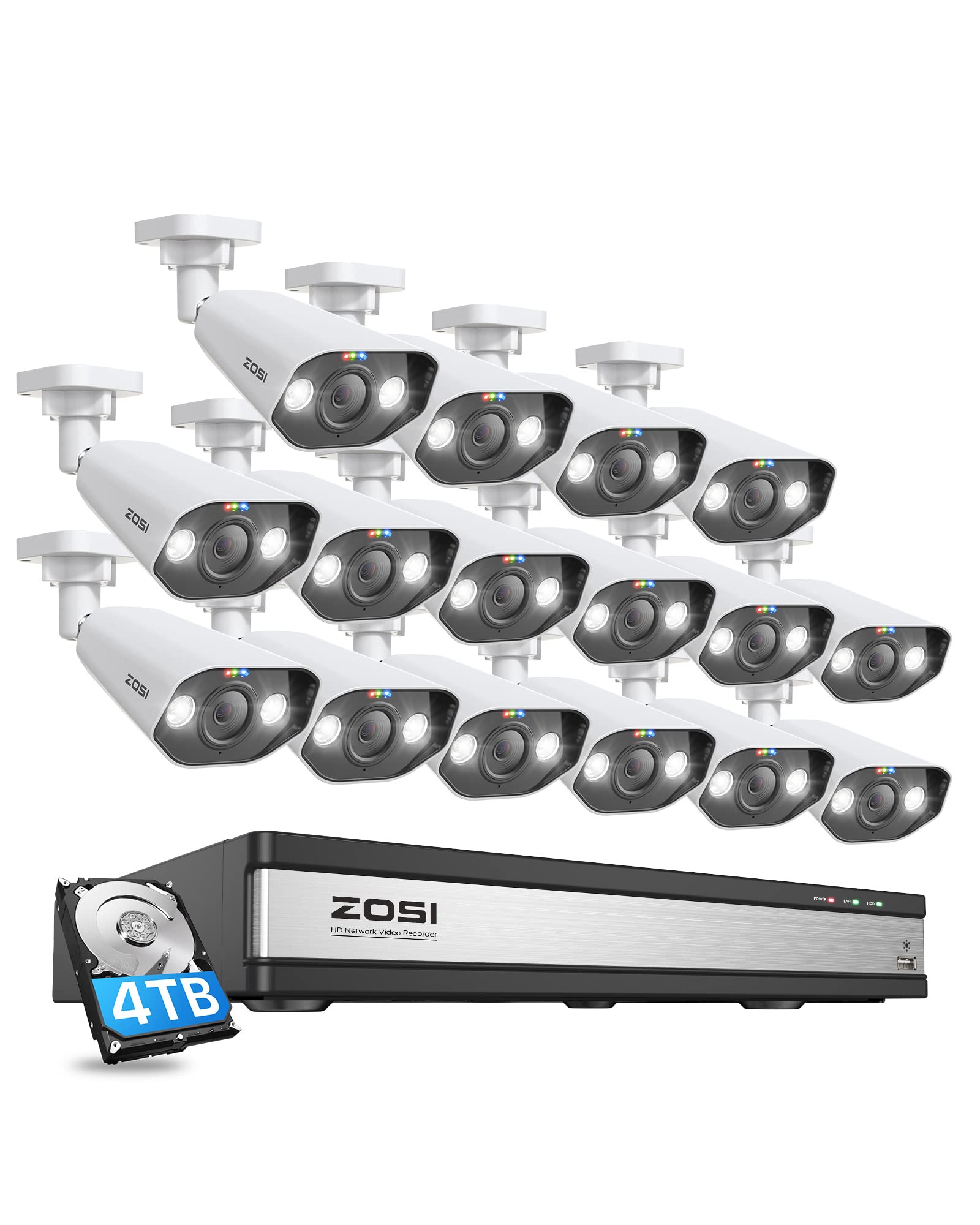 ZOSI 4K Überwachungskamera Aussen Set mit 2 Wege Audio, Videoüberwachung mit 16X 8MP PoE Kamera und 16CH 4TB HDD NVR, Personenerkennung und Fahrzeugerkennung