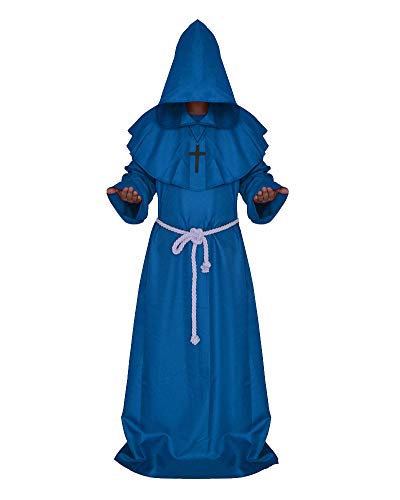 ShiFan Mönch Mittelalterlich Mit Kapuze Renaissance Priester Robe Kostüm Für Halloween Cosplay Blau L