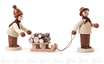 Rudolphs Schatzkiste Miniatur Waldleute mit Schlitten Natur (3) Höhe ca 6 cm NEU Erzgebirge Weihnachtsfigur Holzfigur