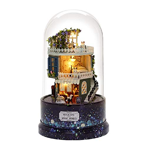 Nikou Puppenhaus - Miniatur DIY Haus Kit Kreativraum Mini Dream House mit Möbeln und Glas, Spieluhr Staubschutz Abdeckung LED-Licht für romantische Kunstwerke & Geschenk des Valentines drehen