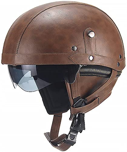 Retro Halbhelme Halbschalenhelm Mit Sonnenblende Leder Halbhelm Deutscher Stil Roller Chopper Anti-Collision Helm ECE Zertifiziert Roller-Helm Scooter Mofa-Helm (Color : A, Größe : M=57-58cm)