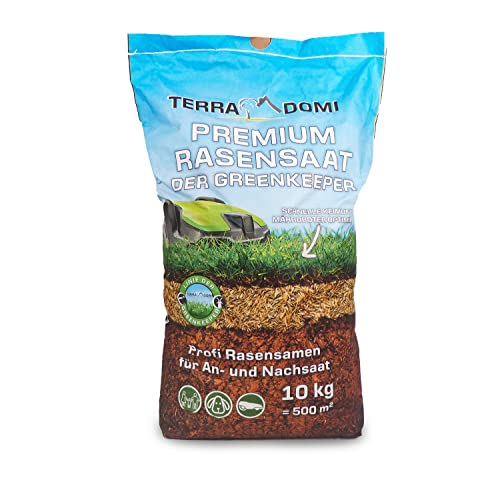 TerraDomi Premium Rasensamen 10kg für 500m² I Mähroboter optimiert I Für Greenkeeper und Hobbygärtner I schnellkeimende An- & Nachsaat für einen widerstandsfähigen und dichten Rasen