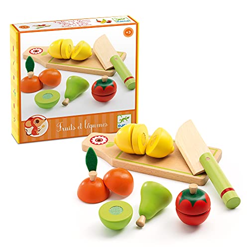 Djeco DJ06526 Holzspielzeug Schneidbrett mit Messer, Obst und Gemüse, Multicolour