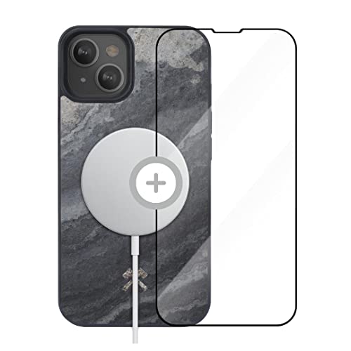 Woodcessories - Magnetisches Bumper Case kompatibel mit iPhone 14 Hülle mit Magnet aus Stein, iPhone 13 Hülle, Camo Grau, inklusive Schutzglas