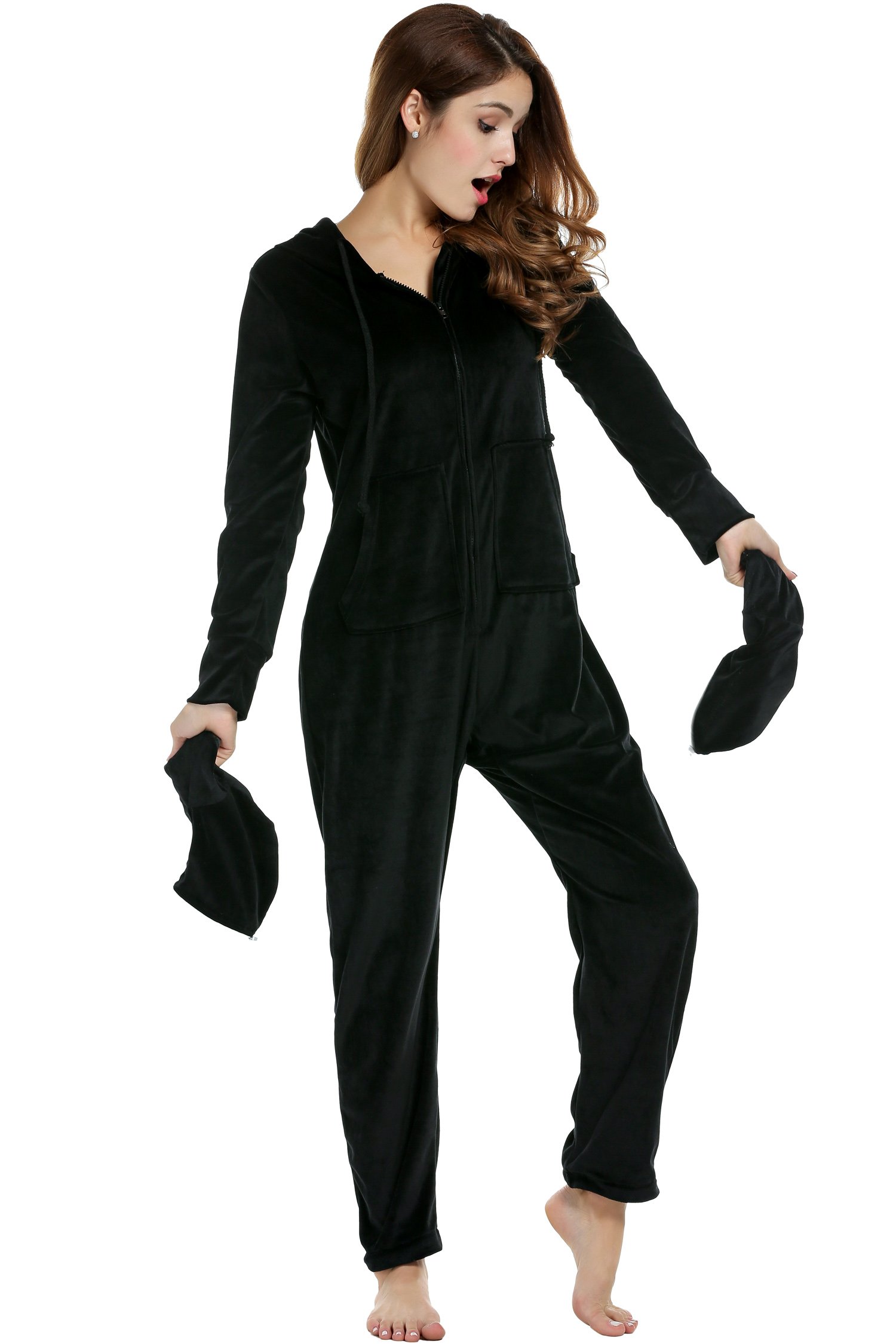 UNibelle Damen Erwachsenenstrampler Schlafoverall Pyjama Schlafanzug Jumpsuit mit Fen Schwarz L