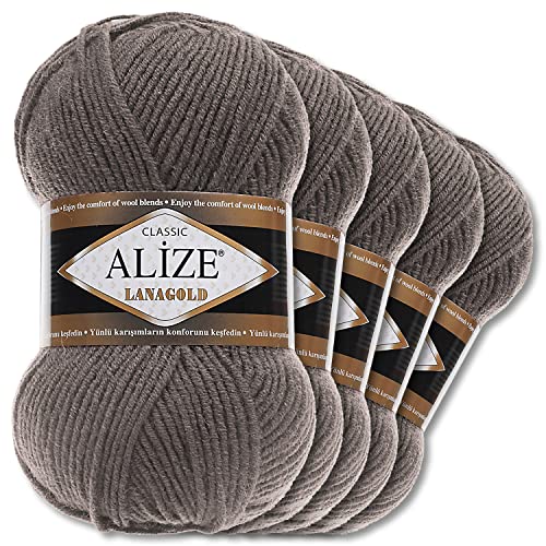 Alize 5 x 100 g Lanagold Wolle | 53 Auswahl | Stricken Häkeln Wolle (348 | Rauchgrau)