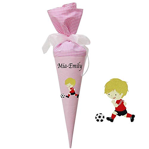 Geschwistertüte aus Stoff 35 cm Fußballer blonde Haare mit Name bestickt Schultüte Junge blau rot türkis rosa lila pink flieder, Farbe:rosa