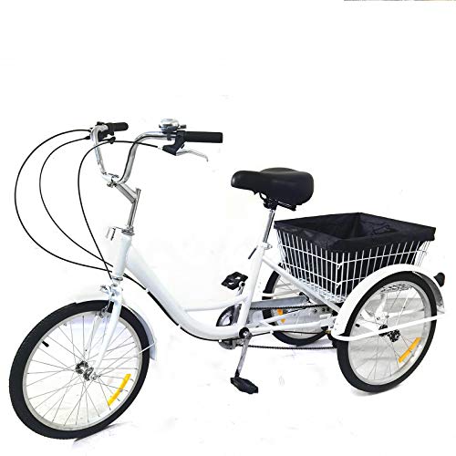 20 Zoll Dreirad Tricycle für Erwachsene mit Korb 8-Gang 3-Rad, Schaltung Schaltung Tricycle mit Einkaufskorb,Fahrrad Dreirad für Outdoor Sports und City Urban, kohlenstoffhaltigem Stahl, Weiß