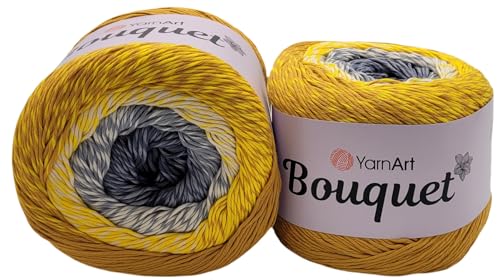 500 Gramm YarnArt Bouquet Bobbel Wolle Farbverlauf, 100% Baumwolle, Bobble Strickwolle Mehrfarbig (ocker senf grau 710)