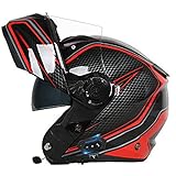 Motorrad-Bluetooth-Helm,Männlicher Visier-Doppellinsen-Vollhelm,Kabelloser Walkie-Talkie-Flip-Top-Anti-Nebel-Helm,Doppeltes Objektiv ECE Zertifiziert Automatische Beantwortung Red,X-Large